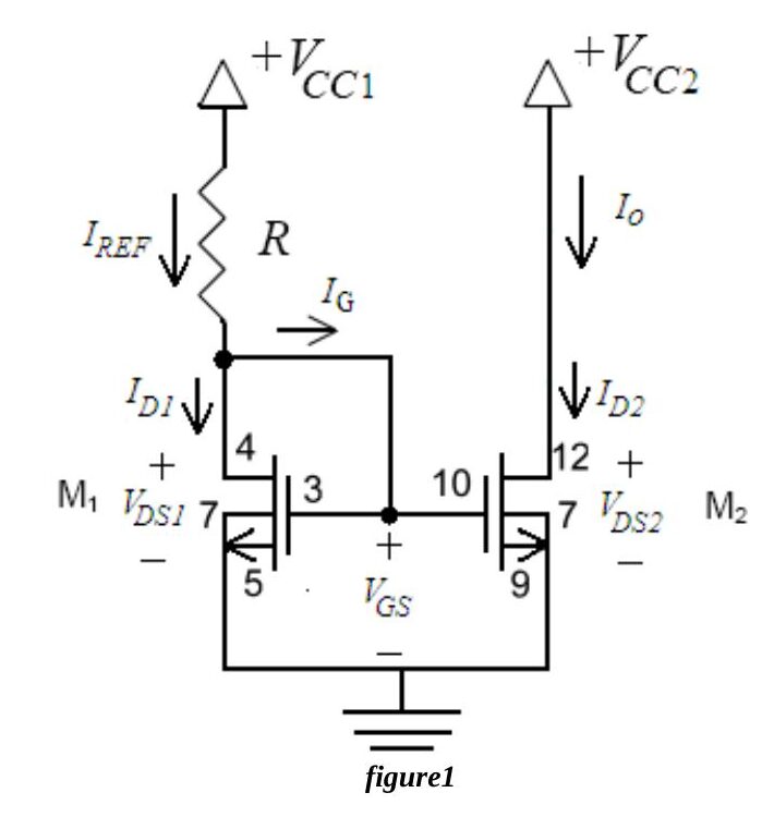Figure 1: NMOS current mirror; R from VCC1 sets IREF through the diode-connected M1 (pins 3, 4, 5, 7), M2 (pins 9, 10, 12) shares the same VGS and carries Io from VCC2