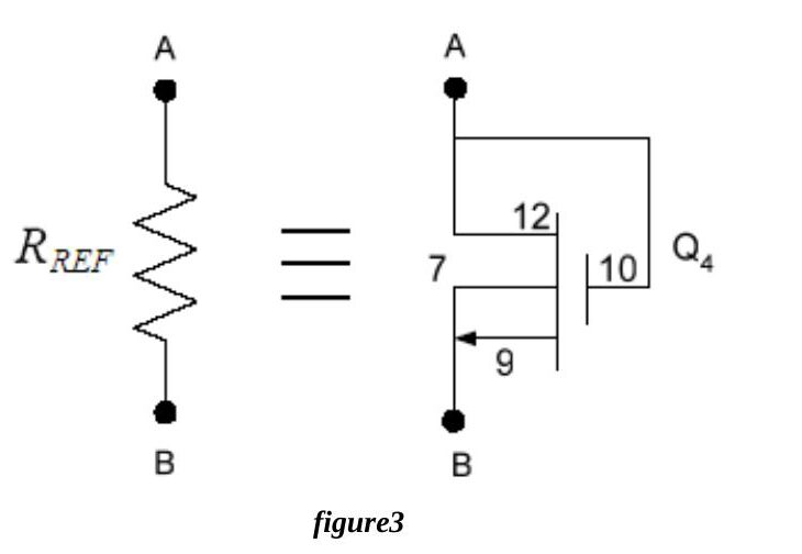 Figure 3: The resistor RREF between A and B replaced by a diode-connected NMOS transistor Q4 (pins 7, 9, 10, 12)