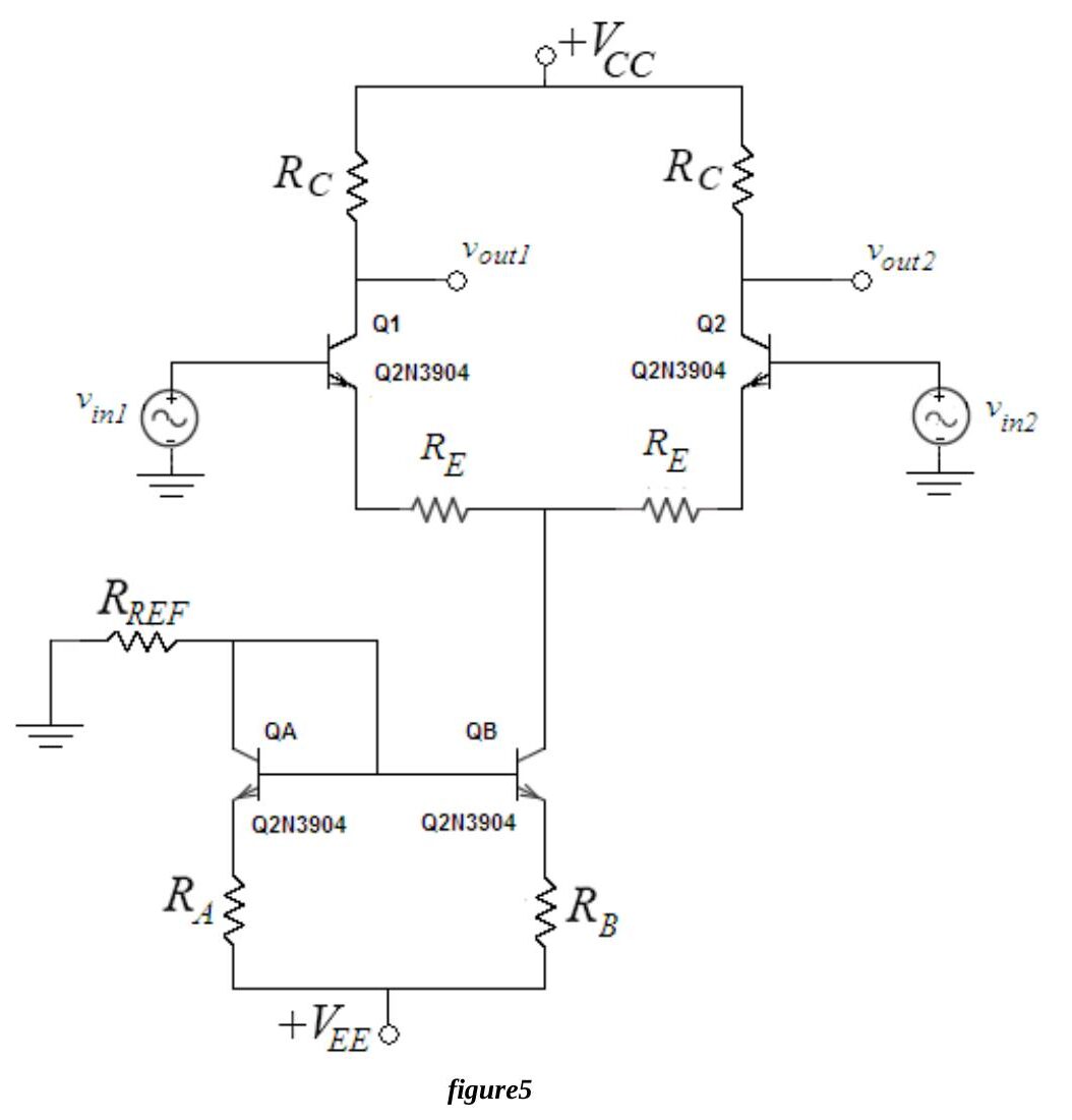 Figure 5: Differential pair Q1–Q2 with collector resistors RC and emitter resistors RE, biased by a current mirror QA–QB with RREF, RA and RB