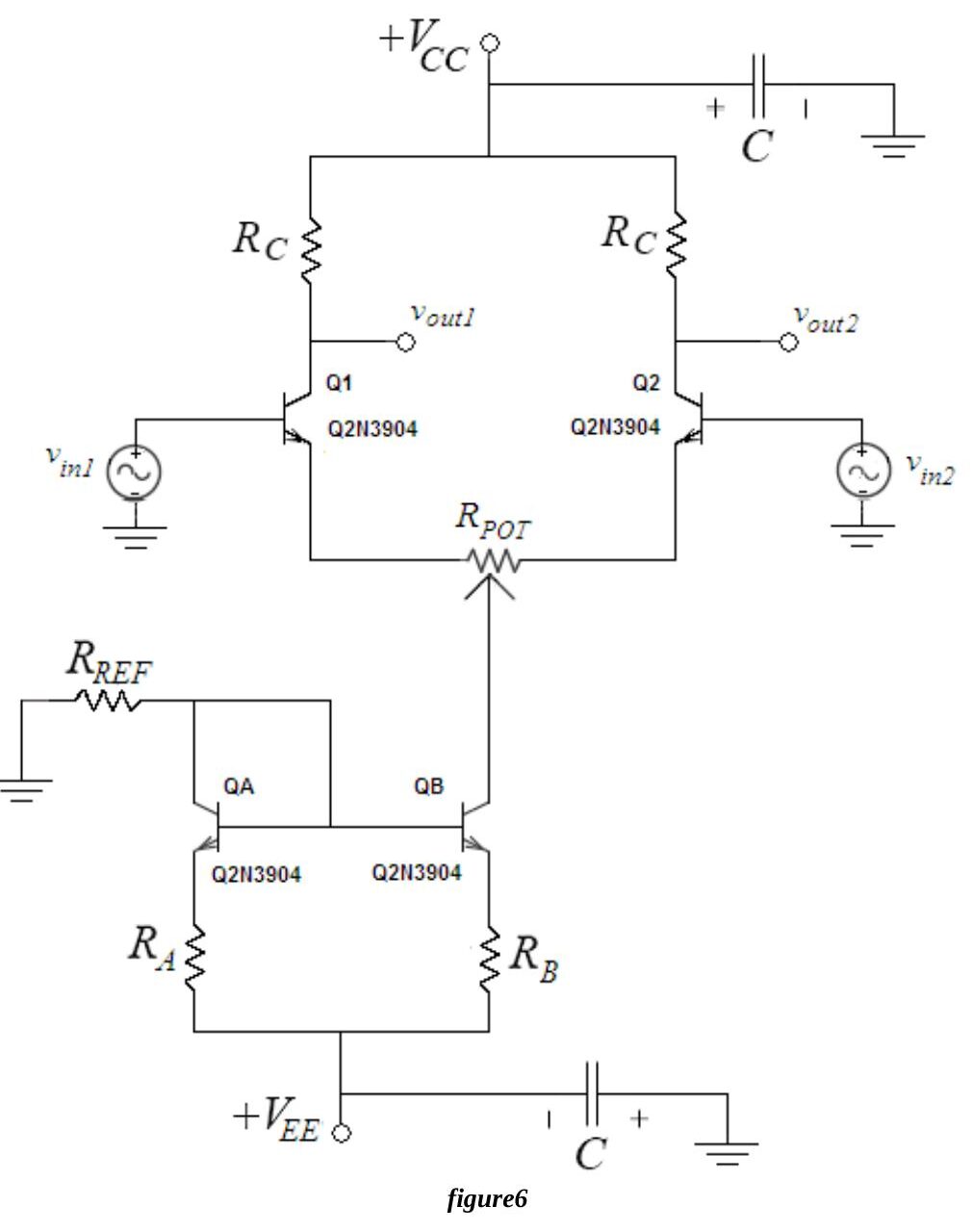 Figure 6: Laboratory circuit, the emitters of Q1 and Q2 joined through a 500 Ω potentiometer RPOT whose wiper goes to the mirror transistor QB; supply bypass capacitors C on VCC and VEE