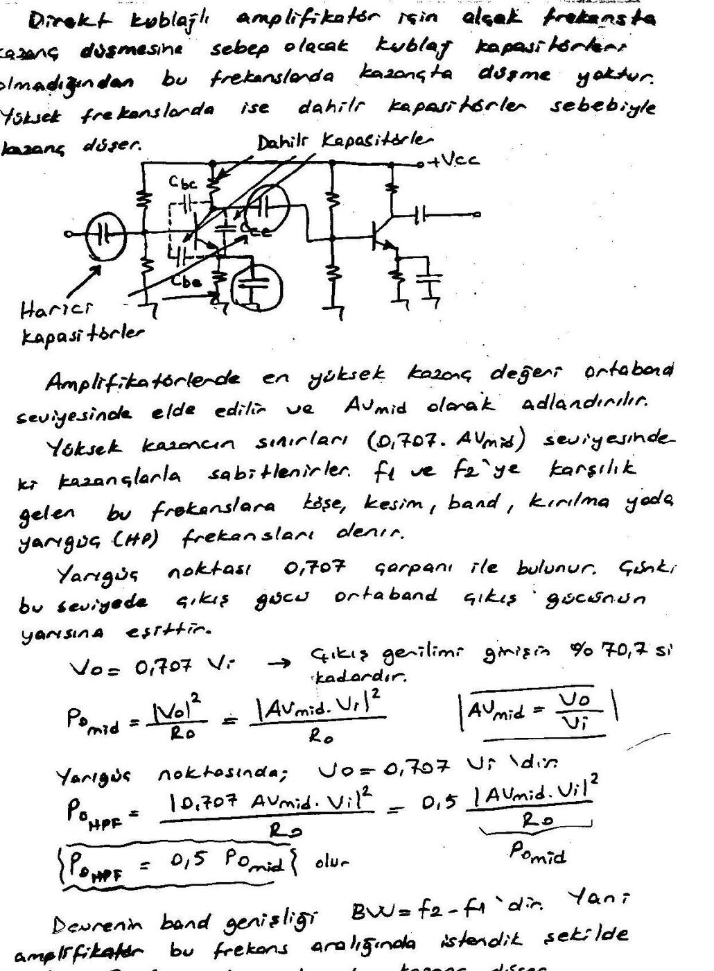El yazısı not sayfası: iki katlı RC kuplajlı amplifikatörde harici ve dahili kapasitörler