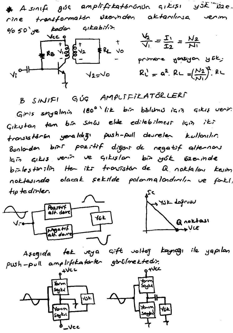 El yazısı not sayfası: transformatör kuplajlı A sınıfı devre, push-pull blok şemaları, tek ve çift kaynaklı yapılar