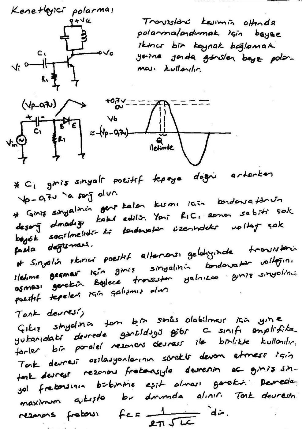 El yazısı not sayfası: kenetleyici polarma, beyz geriliminin dalga şekli ve tank devresi açıklaması