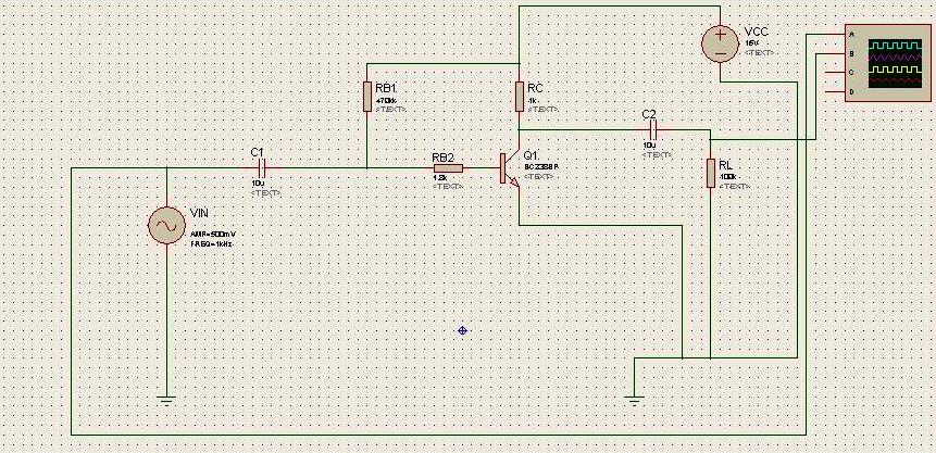 Proteus çizimi: VIN sinüs kaynağı 500 mV, 1 kHz; C1 10 µF, RB1 470 kΩ, RB2 1.8 kΩ, BC238BP transistör, RC 1 kΩ, C2 10 µF, RL 100 kΩ, VCC 15 V ve osiloskop