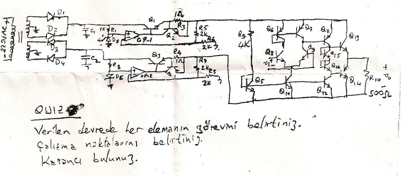 El çizimi devre: 220 V AC transformatör, köprü doğrultucu, op-amp'lı regülatörler ve çok katlı transistörlü yükselteç