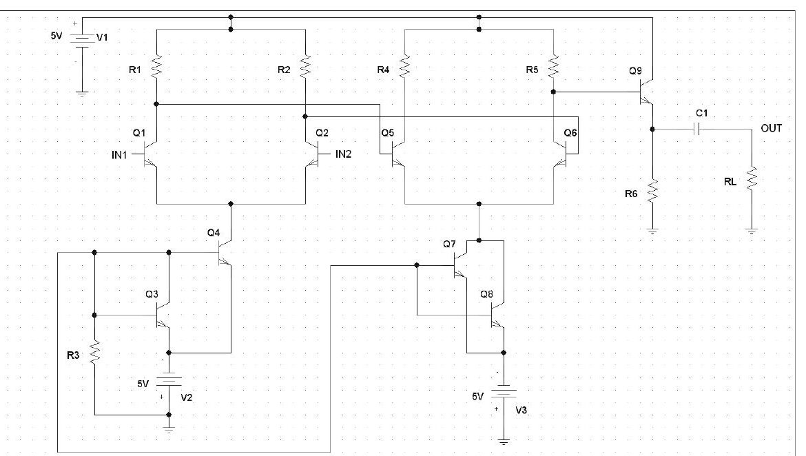 Ödev II devresi: 5 V beslemeli iki katlı fark yükselteci; birinci kat Q1–Q2 (yük dirençleri R1, R2, girişler IN1 ve IN2), kuyruk akımı Q3–Q4 akım aynası ve R3 ile; ikinci kat Q5–Q6 (R4, R5), kuyruk akımı Q7–Q8 akım aynası ile; çıkışta Q9 emetör izleyici, R6, C1 ve RL; negatif besleme V2 ve V3 5 V