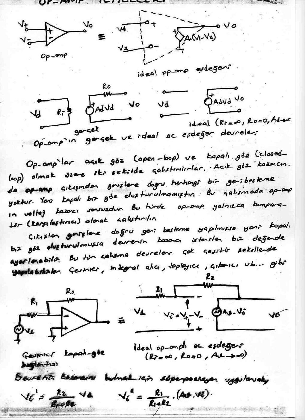 El yazısı not sayfası: ideal op-amp eşdeğeri, gerçek ve ideal ac eşdeğer devreler, çevirici kapalı-göz bağlantısı