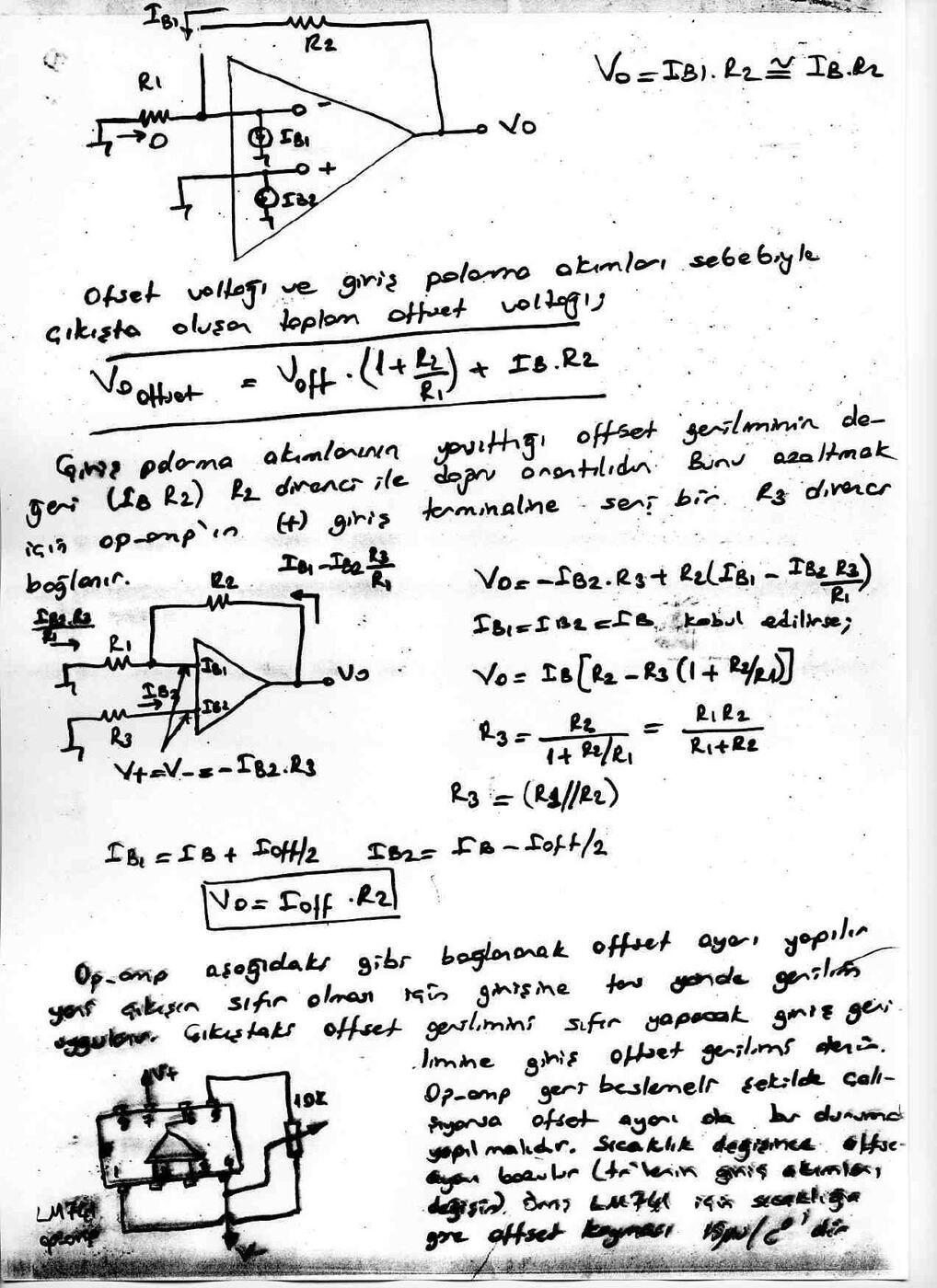 El yazısı not sayfası: polarma akımlarının etkisi, R₃ ile kompanzasyon ve LM741 offset ayarı