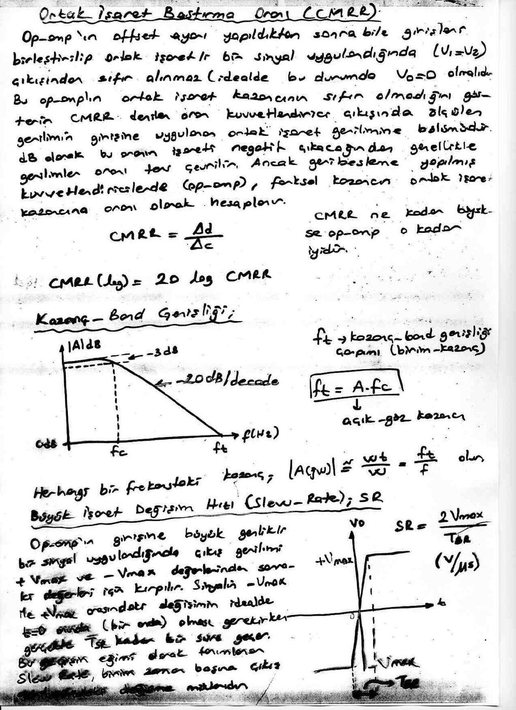 El yazısı not sayfası: CMRR, kazanç-band genişliği grafiği ve slew rate tanımı