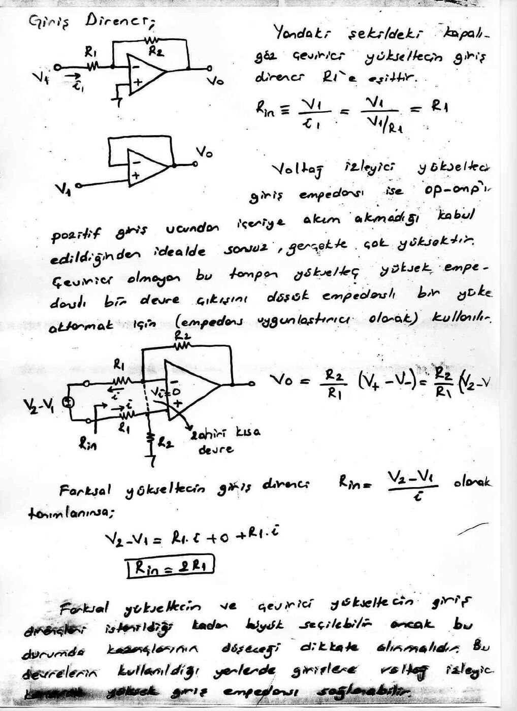 El yazısı not sayfası: çevirici yükselteç, voltaj izleyici ve farksal yükseltecin giriş direnci