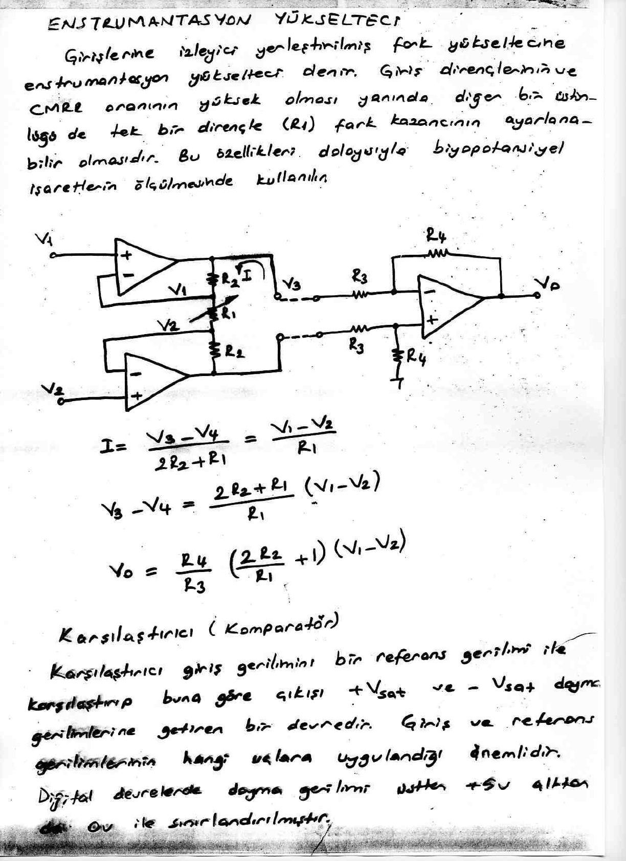 El yazısı not sayfası: üç op-amp'lı enstrümantasyon yükselteci ve kazanç türetmesi
