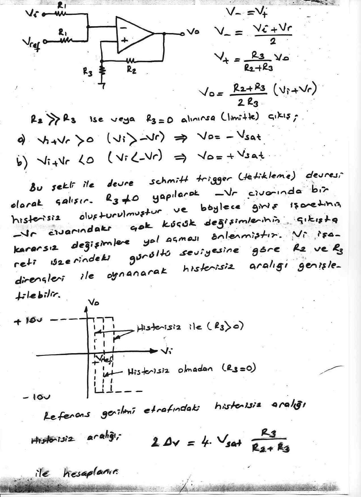 El yazısı not sayfası: Schmitt tetikleyici devresi ve ±10 V doymalı histerisiz eğrisi