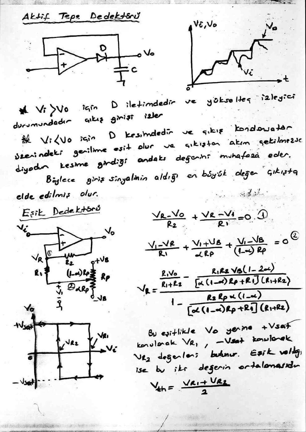 El yazısı not sayfası: aktif tepe dedektörü ve eşik dedektörü devreleri, histerisiz eğrisi