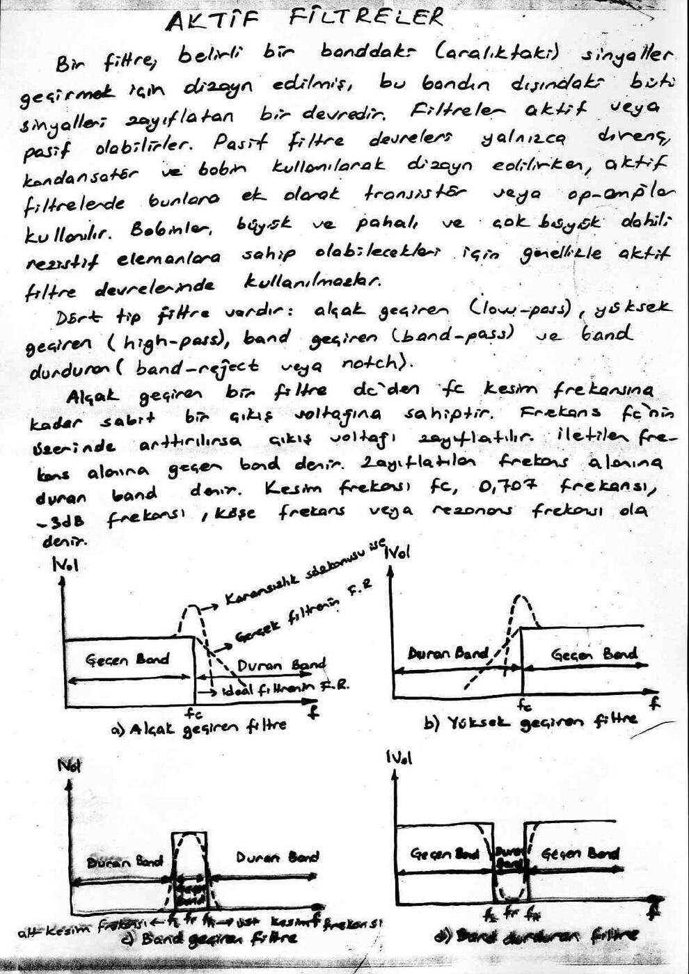 El yazısı not sayfası: alçak geçiren, yüksek geçiren, band geçiren ve band durduran filtrelerin ideal ve gerçek frekans cevapları