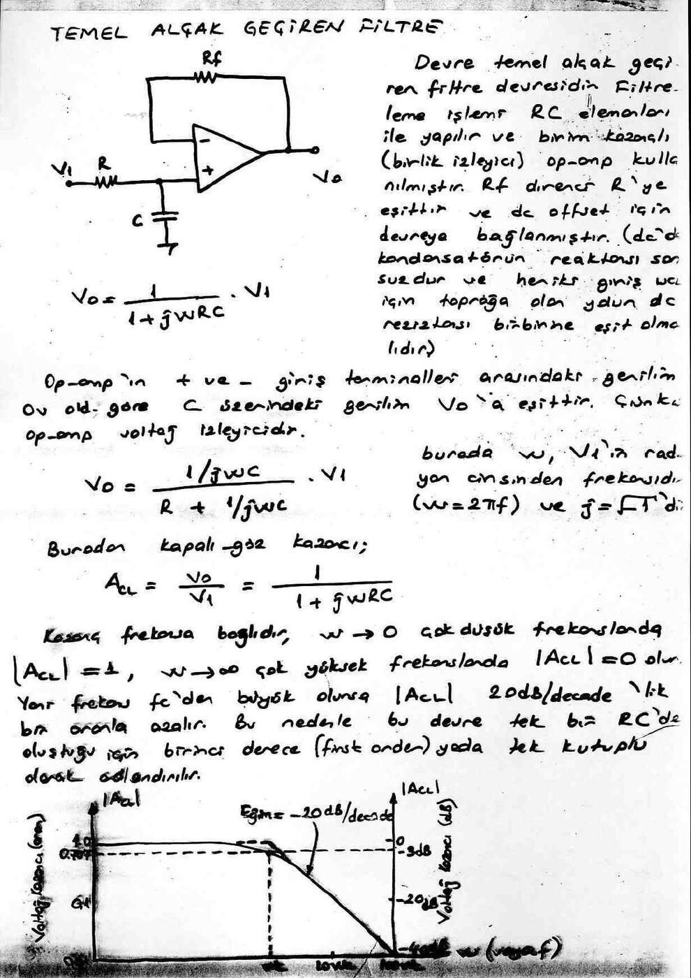 El yazısı not sayfası: temel alçak geçiren filtre devresi ve −20 dB/decade frekans cevabı