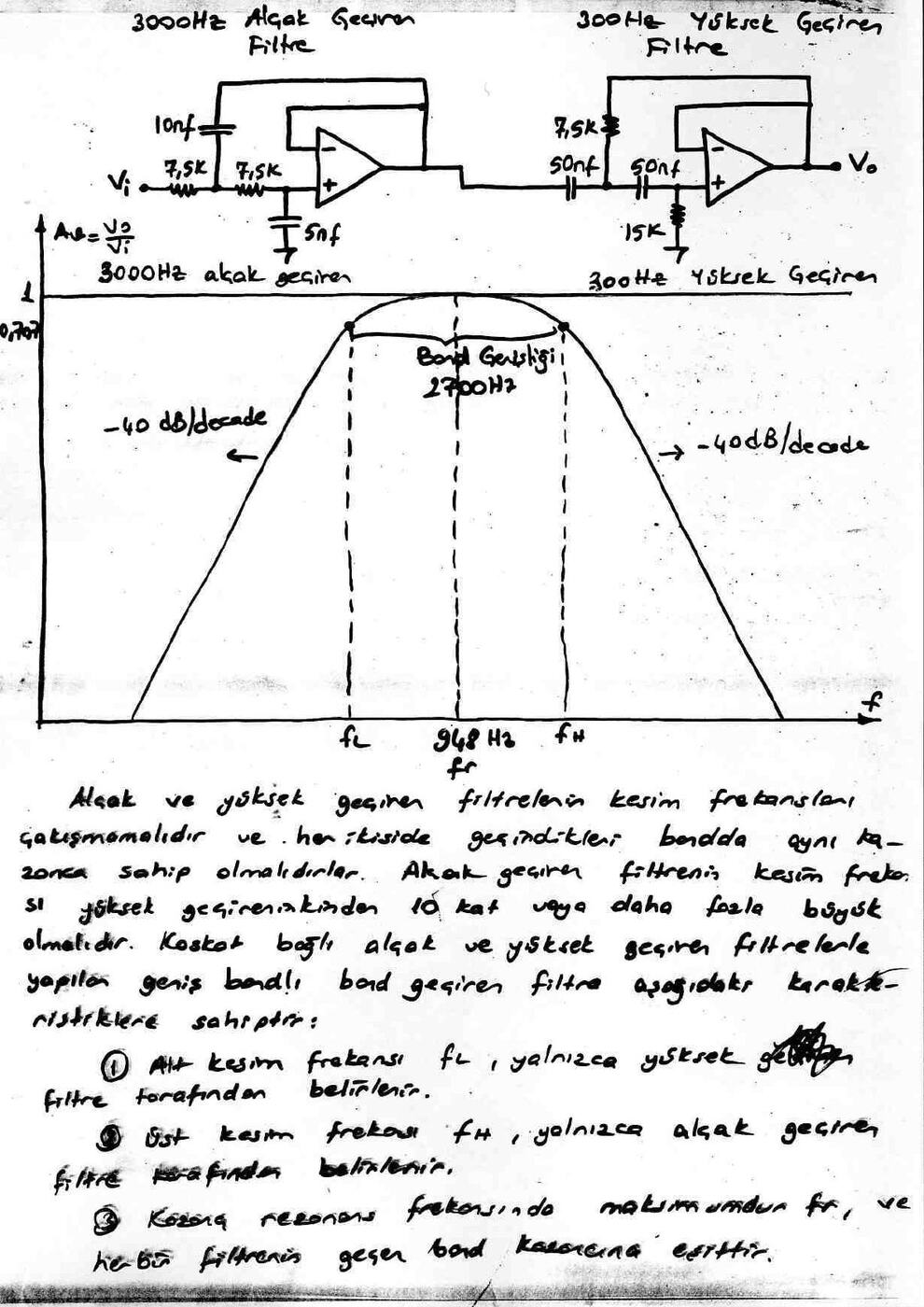 El yazısı not sayfası: 3000 Hz alçak geçiren ve 300 Hz yüksek geçiren filtrelerin kaskadıyla genişbandlı band geçiren filtre