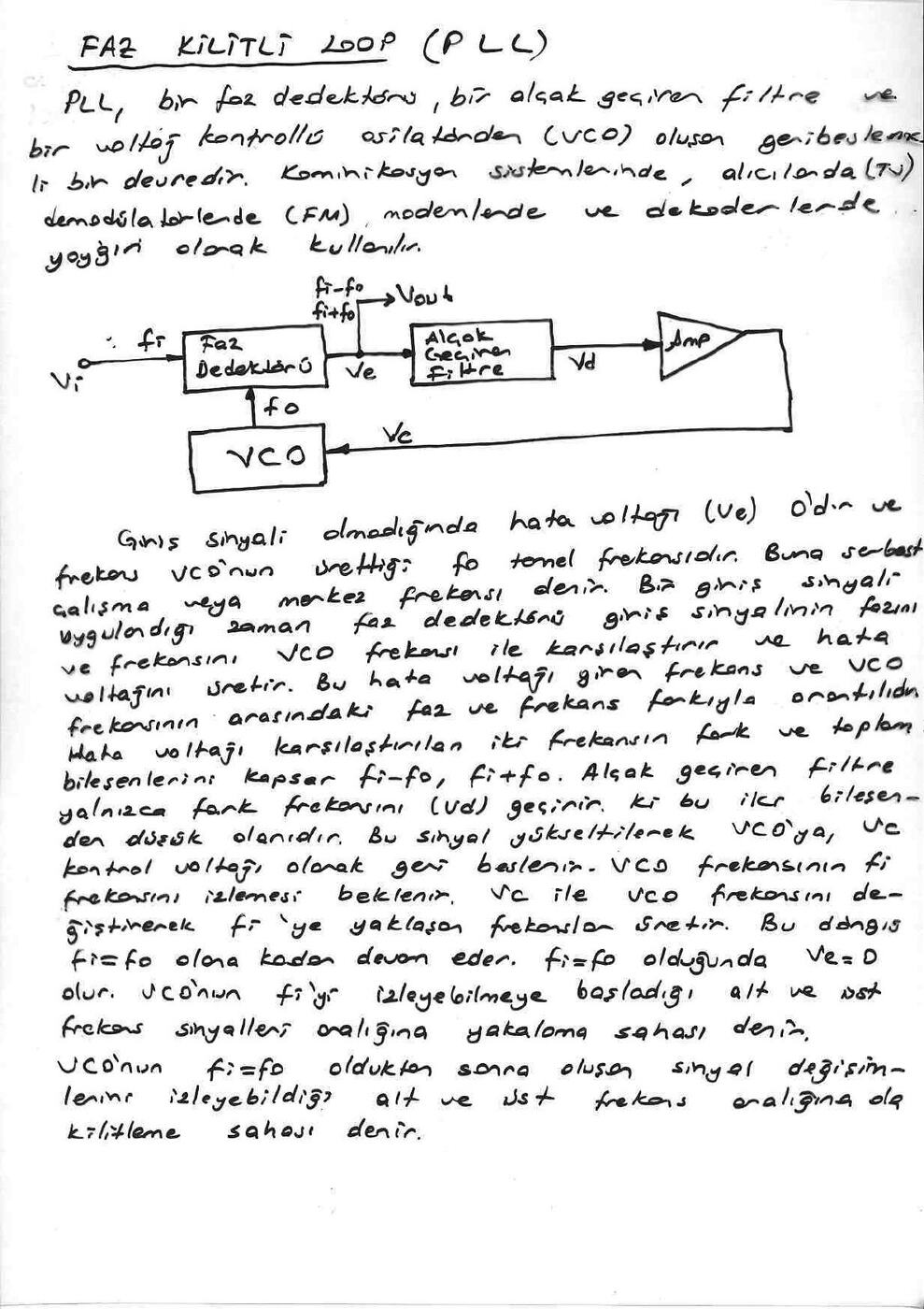 El yazısı not sayfası: PLL blok şeması ve çalışma prensibi