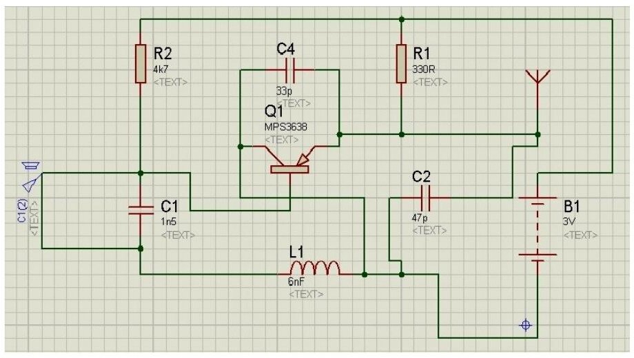 FM verici devrenin Proteus şeması: tek transistörlü osilatör, C1 1,5 nF, C2 47 pF, C4 33 pF, R1 330 Ω, R2 4,7 kΩ, L1 bobini, 3 V pil ve anten