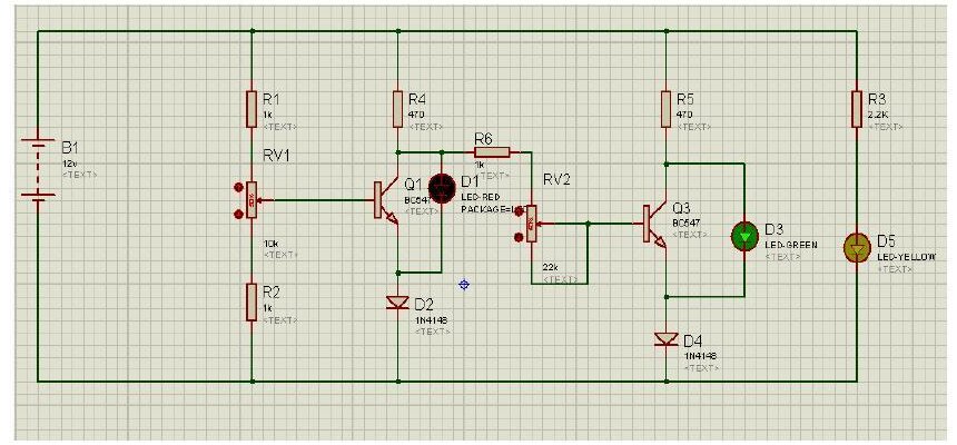 Pil durum göstergesinin Proteus şeması: 12 V pil, RV1 ve RV2 potansiyometreleri, BC547 transistörler Q1 ve Q3, kırmızı, yeşil ve sarı LED'ler, 1N4148 diyotlar