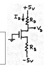 Gate'i toprakta NMOS; drain R_D üzerinden +5 V'a, source R_S üzerinden −5 V'a bağlı