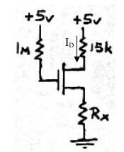 Gate 1 MΩ üzerinden +5 V'ta; drain 15 kΩ üzerinden +5 V'a, source Rx üzerinden toprağa