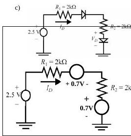 2,5 V kaynak, R1 = 2 kΩ, seri diyot, R2 = 2 kΩ ve ikinci diyot; altta diyotları 0,7 V kaynaklarla modelleyen eşdeğer devre