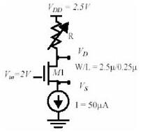 VDD = 2,5 V'tan R üzerinden drain'e bağlı, gate'i 2 V'ta, source'u 50 µA akım kaynağına bağlı NMOS (W/L = 2,5µ/0,25µ)
