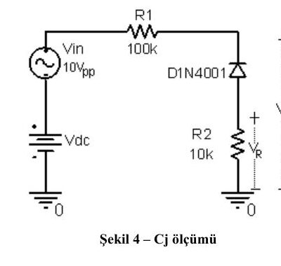 Vin 10 Vpp ve Vdc kaynağı, 100k R1, ters bağlı D1N4001 ve 10k R2