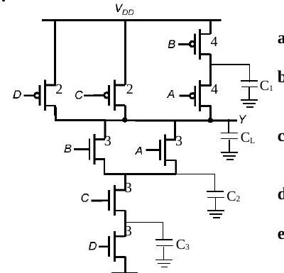 PMOS'ları D (2), C (2), B (4) ve A (4); NMOS'ları B, A (paralel, 3), C (3) ve D (3) olan karmaşık CMOS geçit; iç düğümlerde C1, C2, C3 ve çıkışta CL
