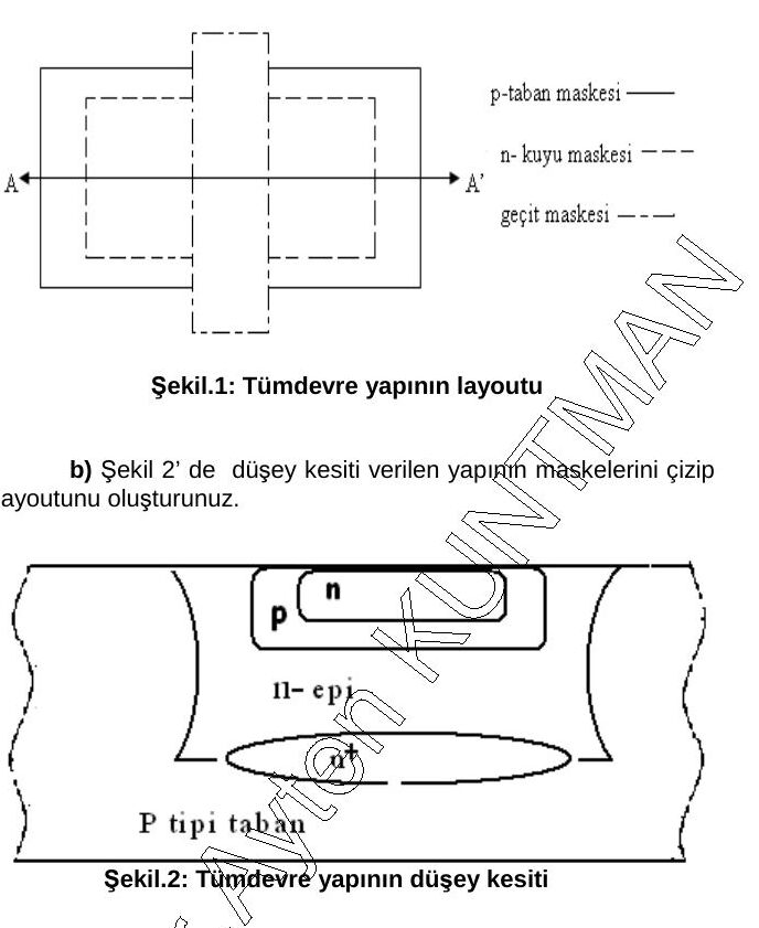 Soru 5: p-taban, n-kuyu ve geçit maskelerinden oluşan serim ve n-epi, p, n difüzyonları ve n+ gömük tabakalı düşey kesit