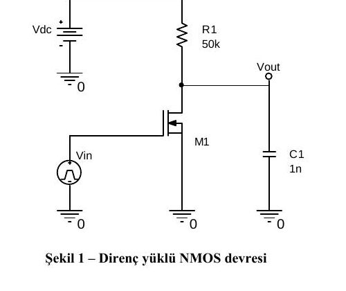Vdc beslemesi, 50k R1 yük direnci, M1 NMOS, Vin darbe kaynağı ve çıkışta C1 yük kapasitörü