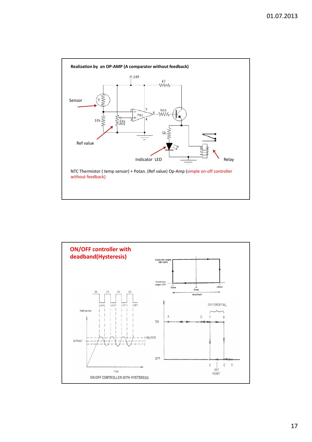 Op-amp karşılaştırıcılı aç-kapa sıcaklık denetleyicisi ve histerezisli (ölü bölgeli) pratik devre