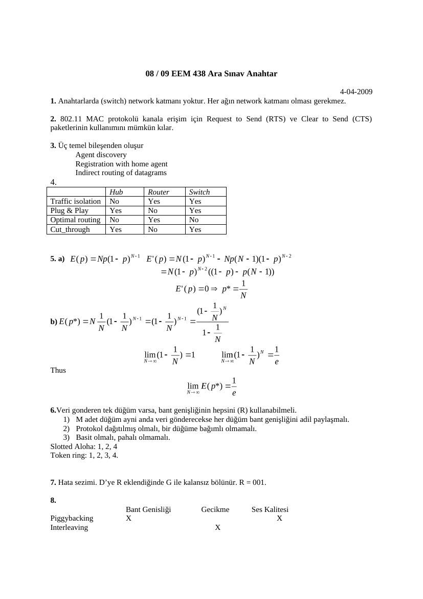 EEM438 Midterm 2009 Cevap Anahtar: şekil ve hesap tabloları, sayfa 1