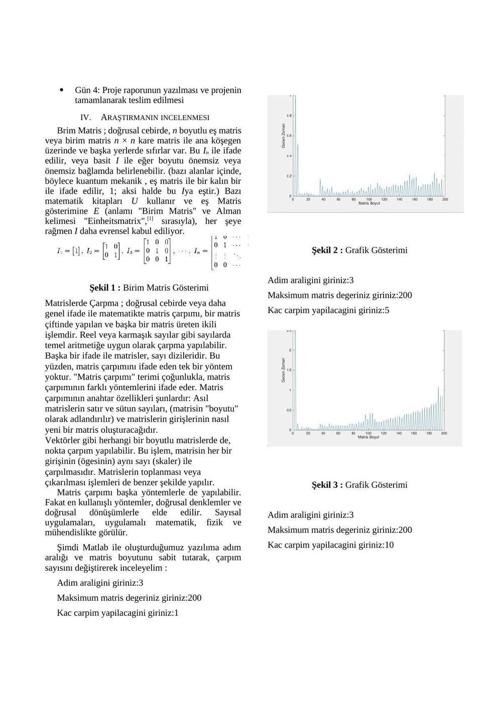 Birim matris örnekleri ve adım 3, üst boyut 200 için bir ve beş çarpımın süre grafikleri